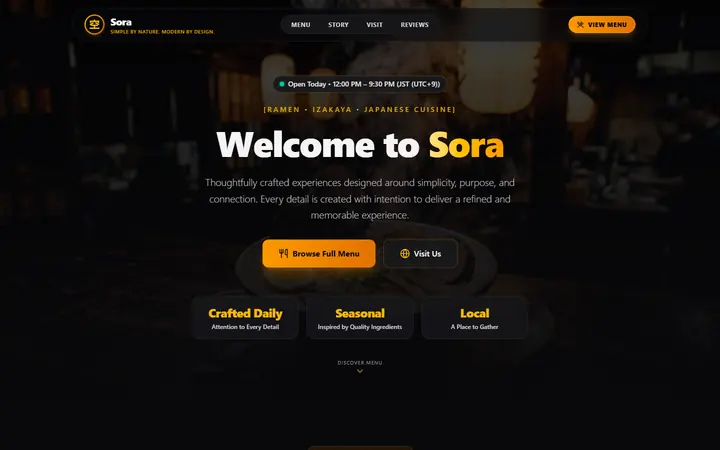 Dark restaurant homepage with a menu and booking button